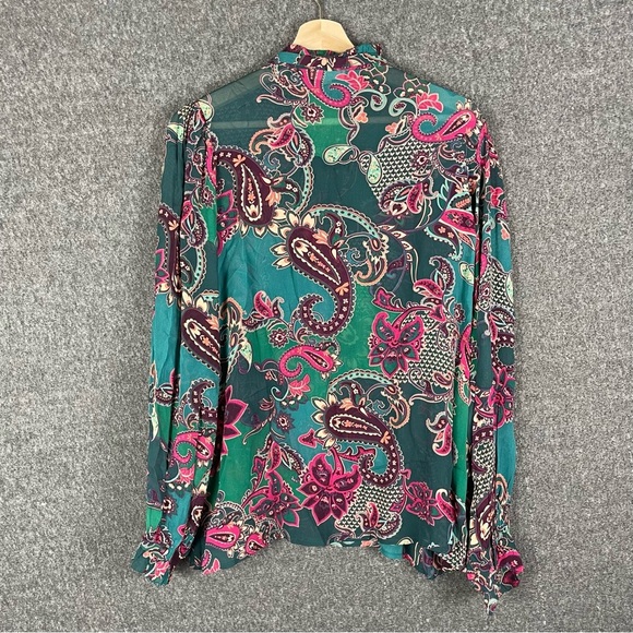 SUNCOO XL Paisley Ruffle Button Up Dress Blouse Green Pink Career Casual Office - Picture 5 of 12